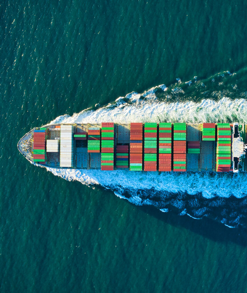 Global logistics - Birds eye view of a container ship 