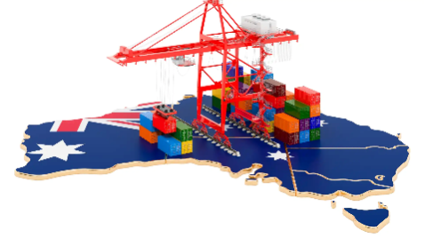 Top 10 Australian imports - Map of Australia with a crane and shipping containers on it