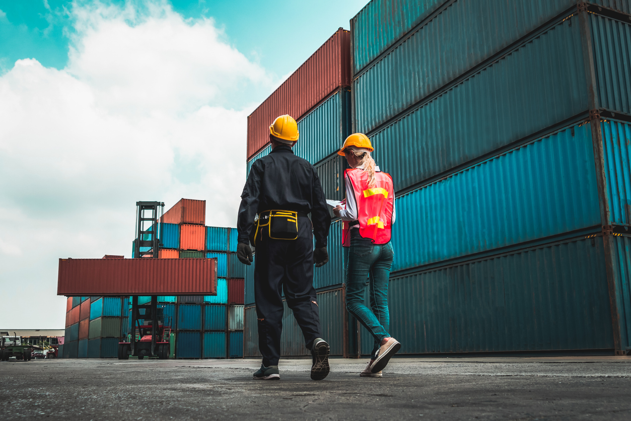 People walking in a shipyard, a car freight company