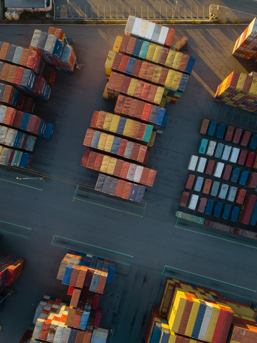 Overhead view of shipping containers for Japanese cars import to New Zealand