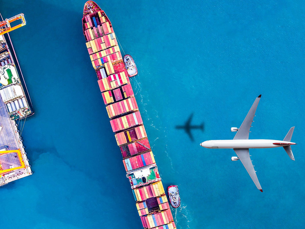 Freight forwarding services - birds eye view of a plane flying over a cargo ship